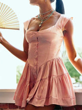 Lizakosht PINK SATIN ROMPER DRESS Women new buttons off shoulder ruffle dress 2022 summer party dress vintage laides dress